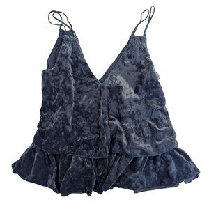 Aerie Flowy Velvet Cami XXS Navy Blue with Ruffle, Crushed Velvet